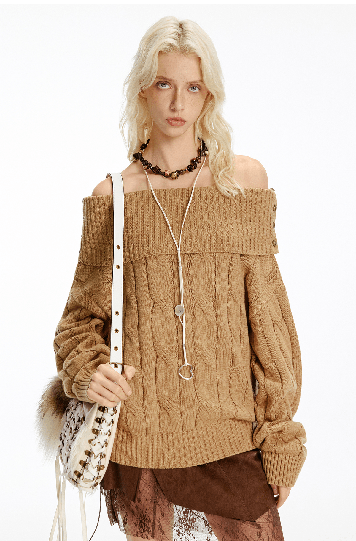 Off - Shoulder Cable Knit Sweater - COPPING THREADS - CHICISLAND Main image