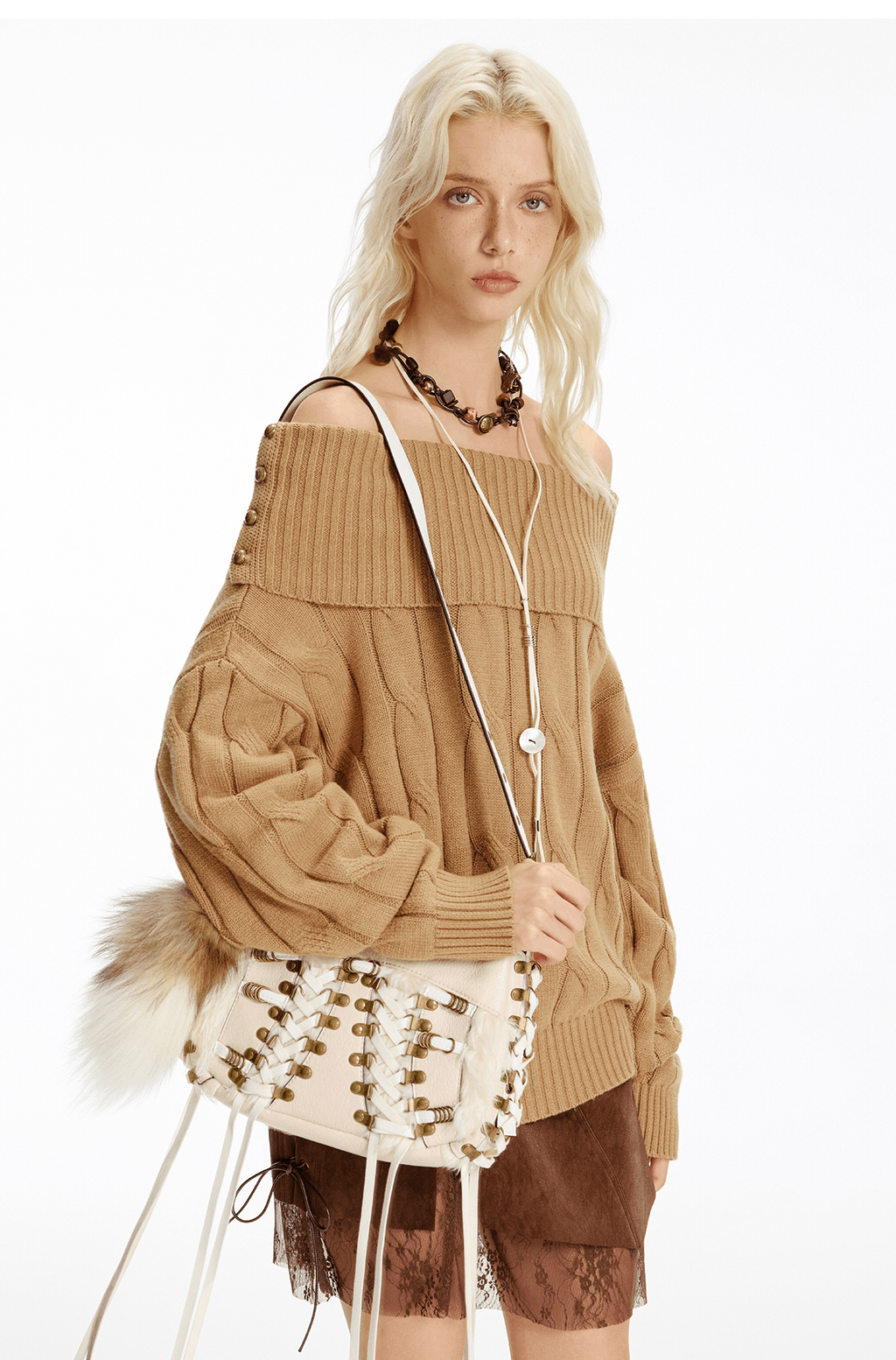 Off - Shoulder Cable Knit Sweater - COPPING THREADS - CHICISLAND