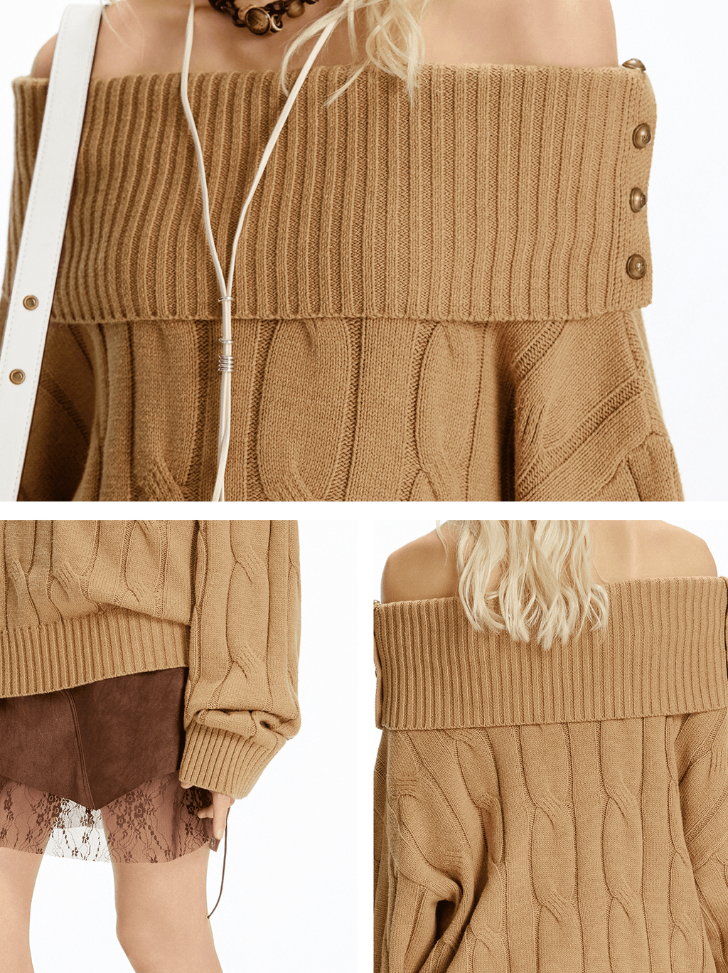 Off - Shoulder Cable Knit Sweater - COPPING THREADS - CHICISLAND