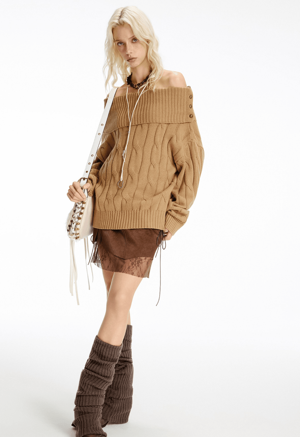 Off - Shoulder Cable Knit Sweater - COPPING THREADS - CHICISLAND