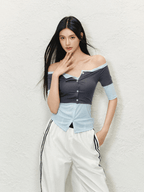 Off - Shoulder Contrast Stitch Fitted Knit Tee - COPPING THREADS - AGAM