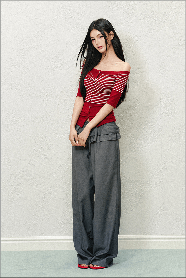 Off - Shoulder Contrast Stitch Fitted Knit Tee - COPPING THREADS - AGAM