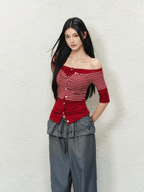 Off - Shoulder Contrast Stitch Fitted Knit Tee - COPPING THREADS - AGAM