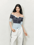 Off - Shoulder Contrast Stitch Fitted Knit Tee - COPPING THREADS - AGAM