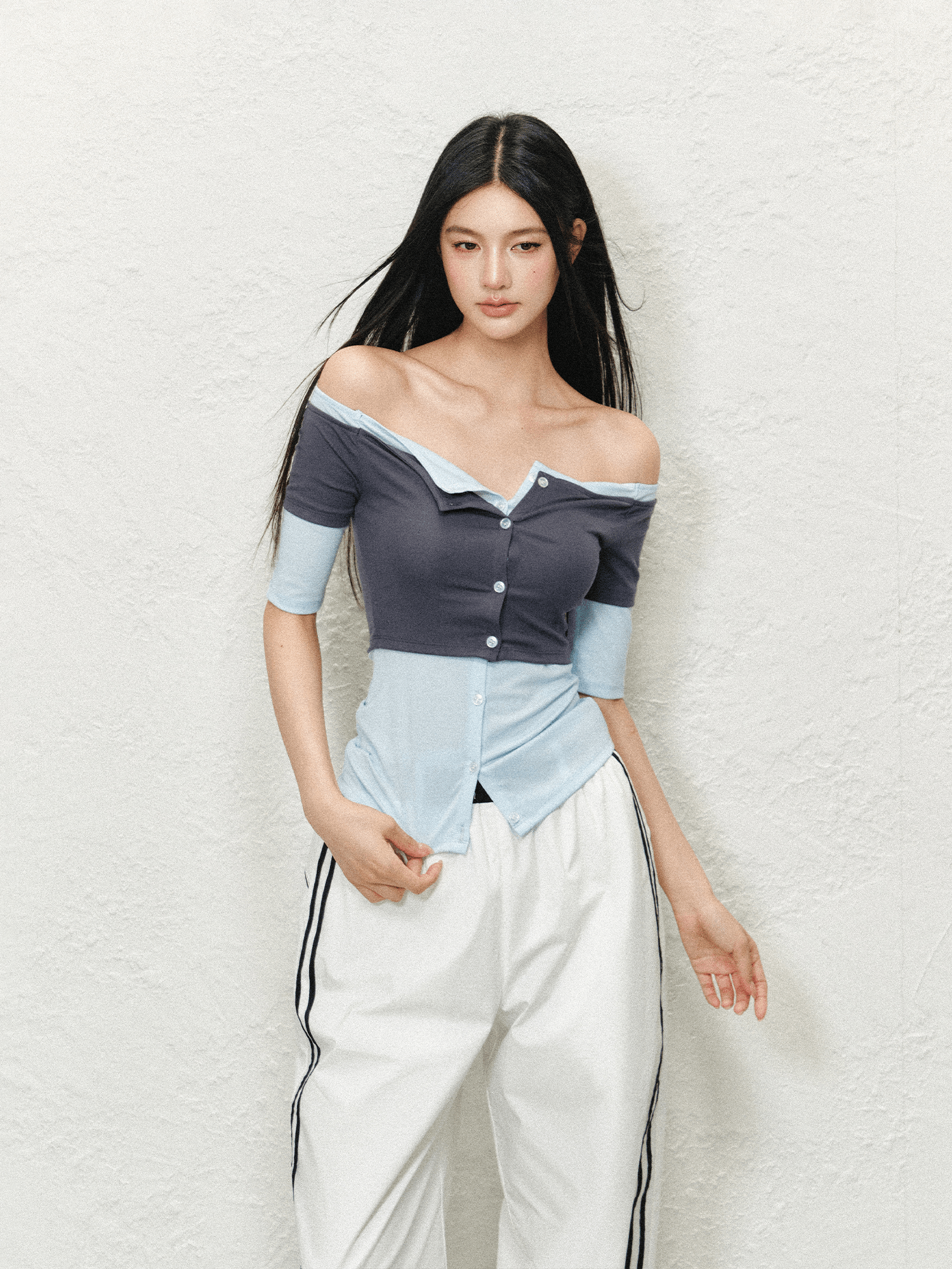 Off - Shoulder Contrast Stitch Fitted Knit Tee - COPPING THREADS - AGAM