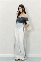 Off - Shoulder Contrast Stitch Fitted Knit Tee - COPPING THREADS - AGAM