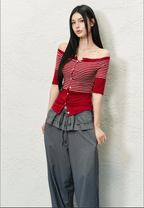 Off - Shoulder Contrast Stitch Fitted Knit Tee - COPPING THREADS - AGAM