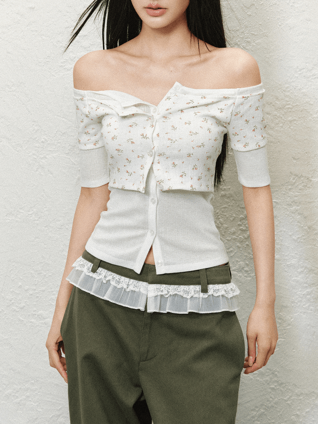 Off-Shoulder Contrast Stitch Fitted Knit Tee Main Image