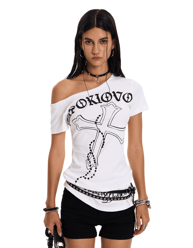 Off - Shoulder Cross Graphic Tee - COPPING THREADS - 0123Start Hover Image