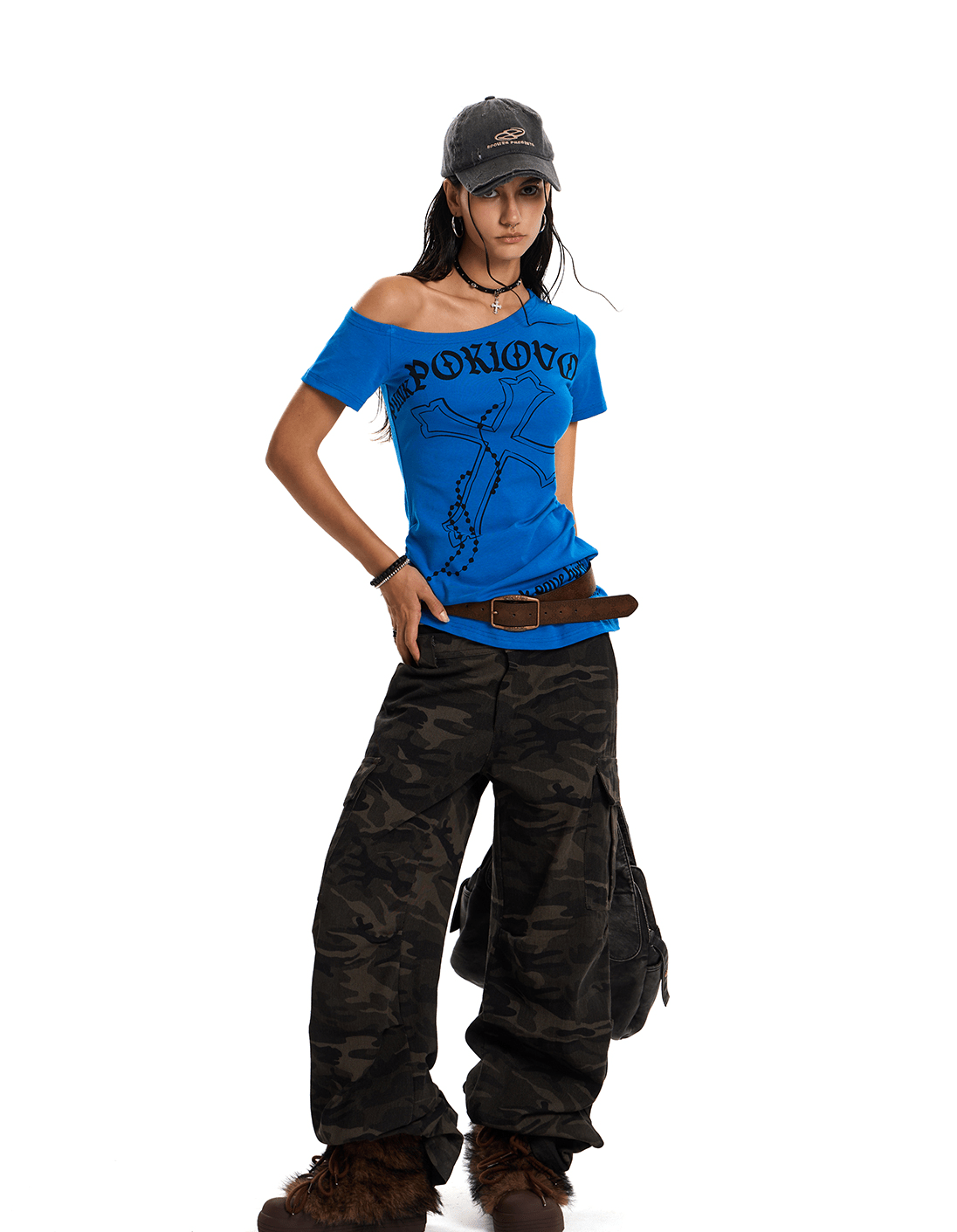 Off - Shoulder Cross Graphic Tee - COPPING THREADS - 0123Start