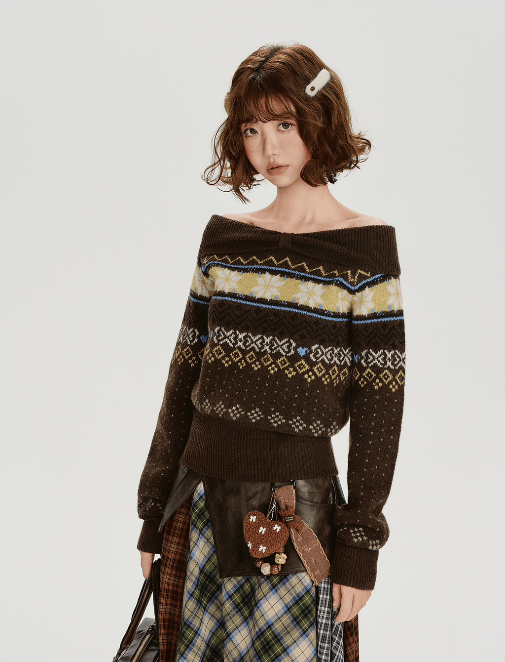 Off - Shoulder Fair Isle Knit Sweater - COPPING THREADS - CHICISLAND