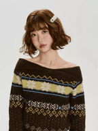 Off - Shoulder Fair Isle Knit Sweater - COPPING THREADS - CHICISLAND