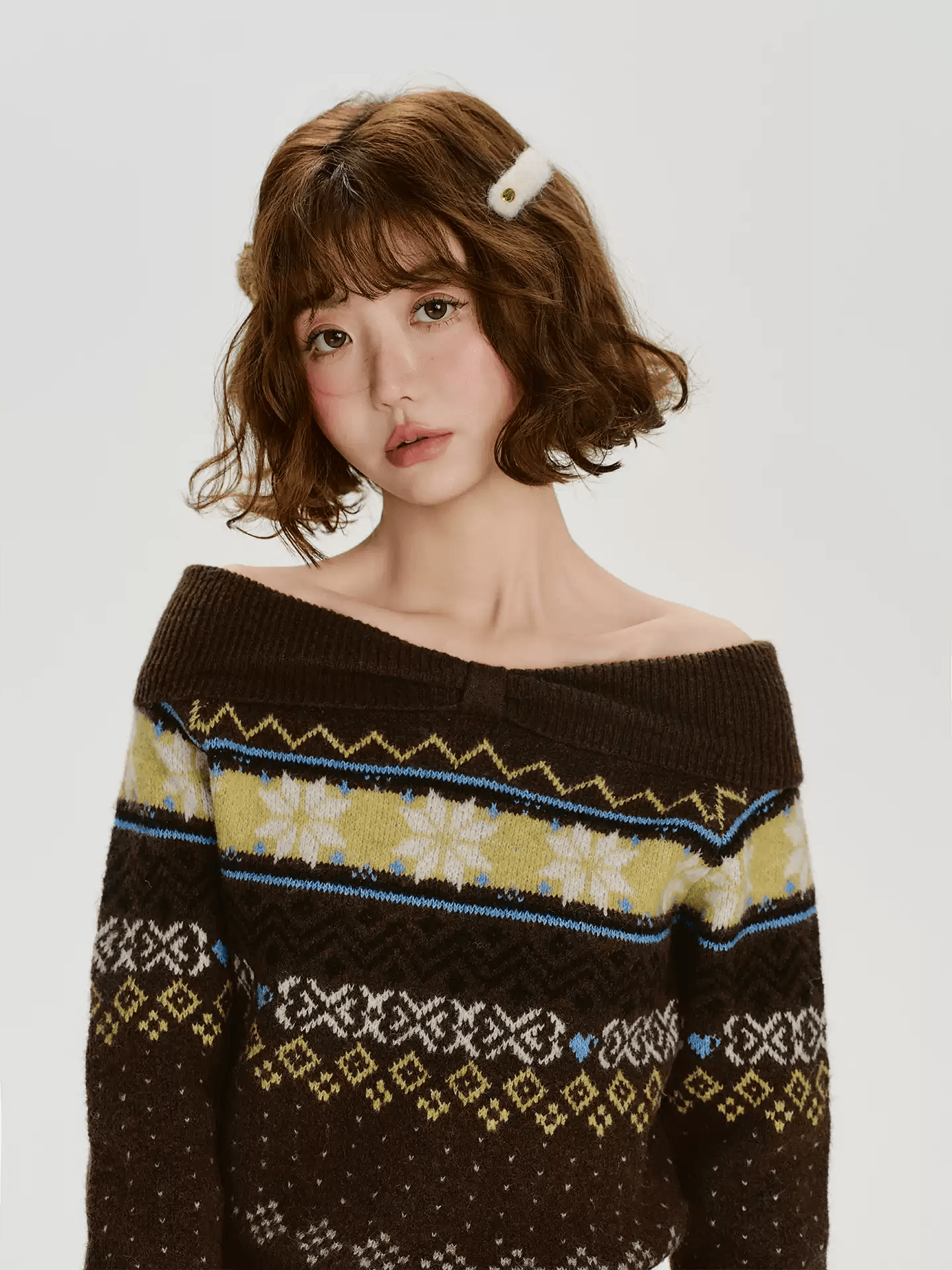 Off - Shoulder Fair Isle Knit Sweater - COPPING THREADS - CHICISLAND