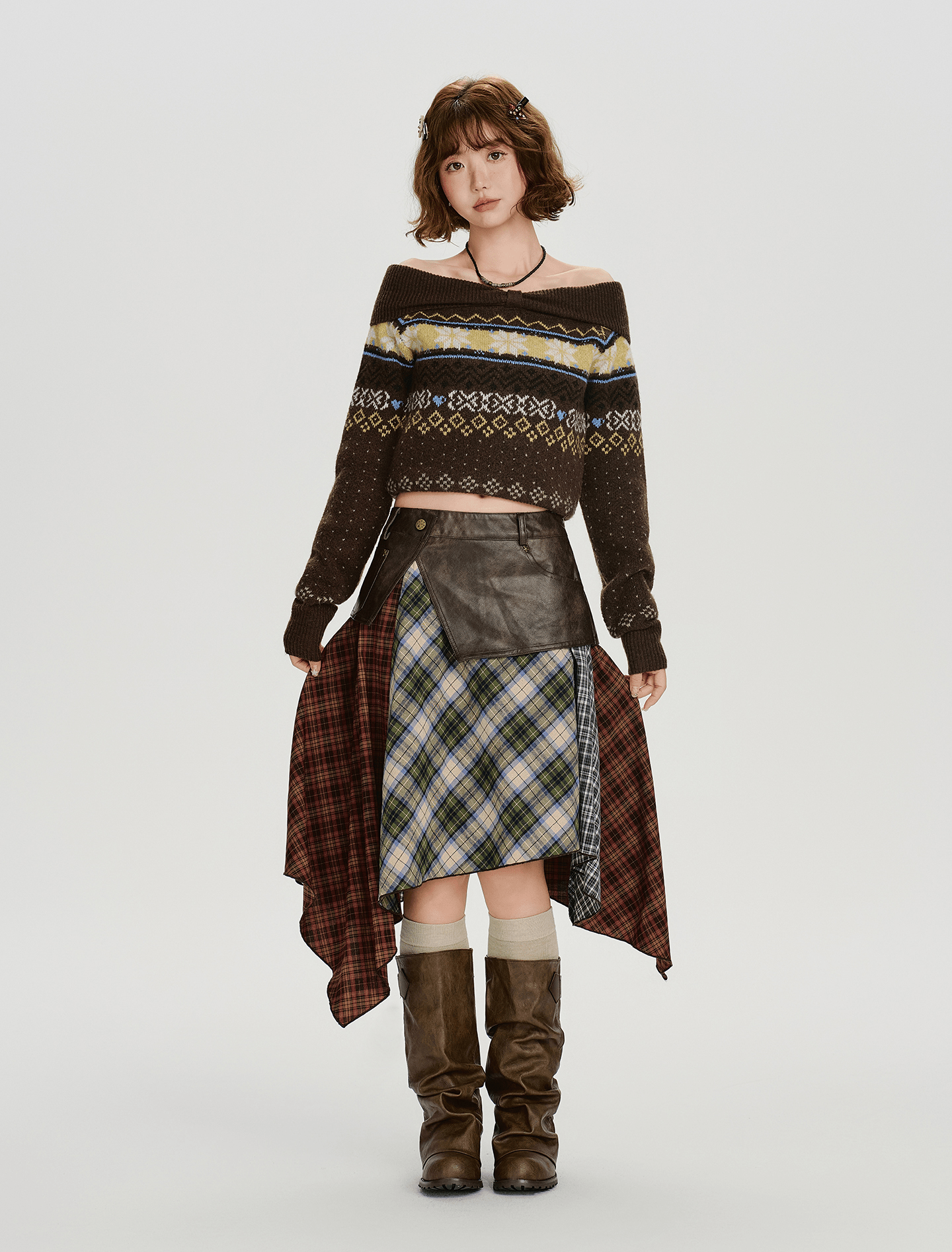 Off - Shoulder Fair Isle Knit Sweater - COPPING THREADS - CHICISLAND