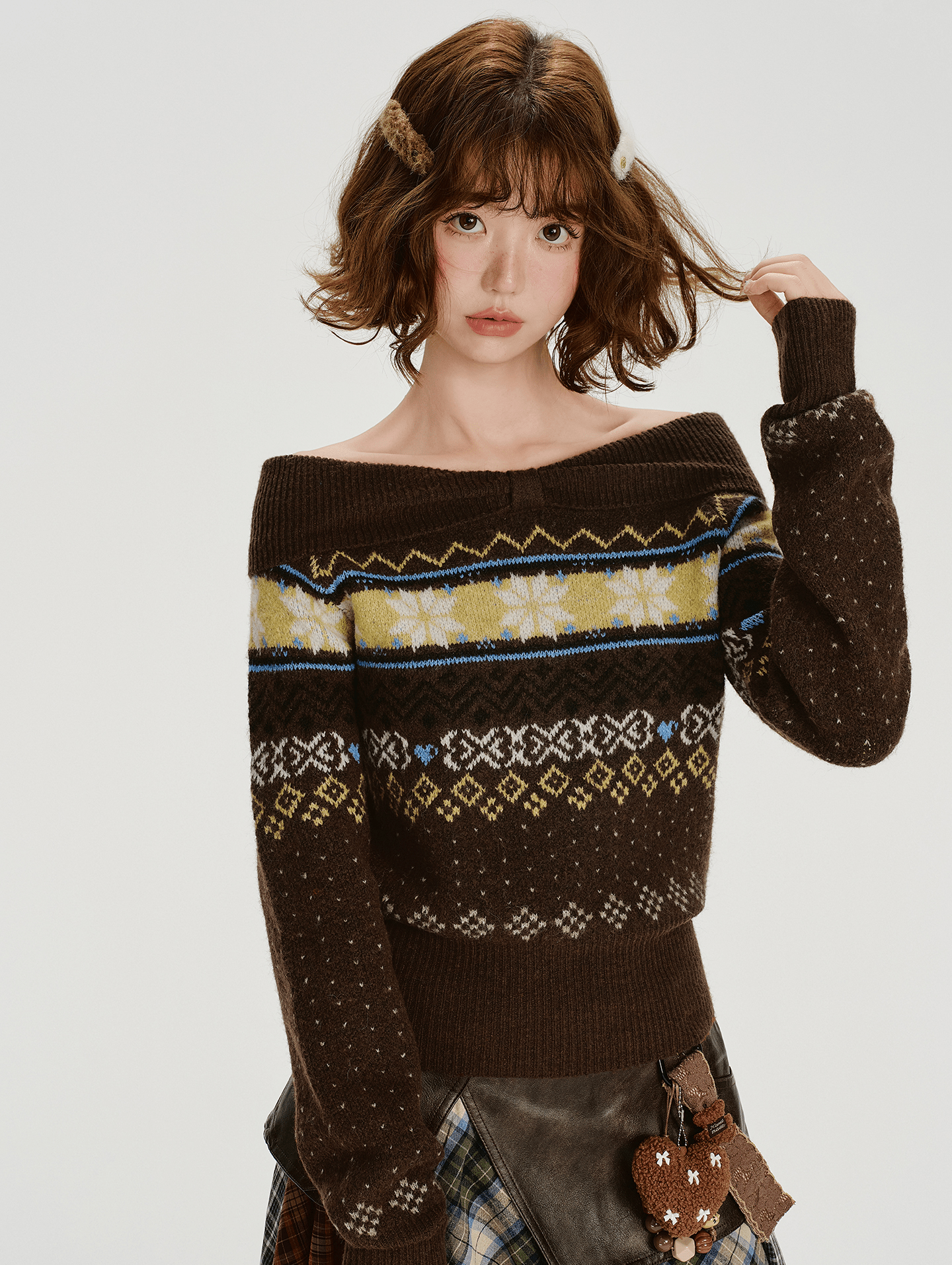 Off - Shoulder Fair Isle Knit Sweater - COPPING THREADS - CHICISLAND