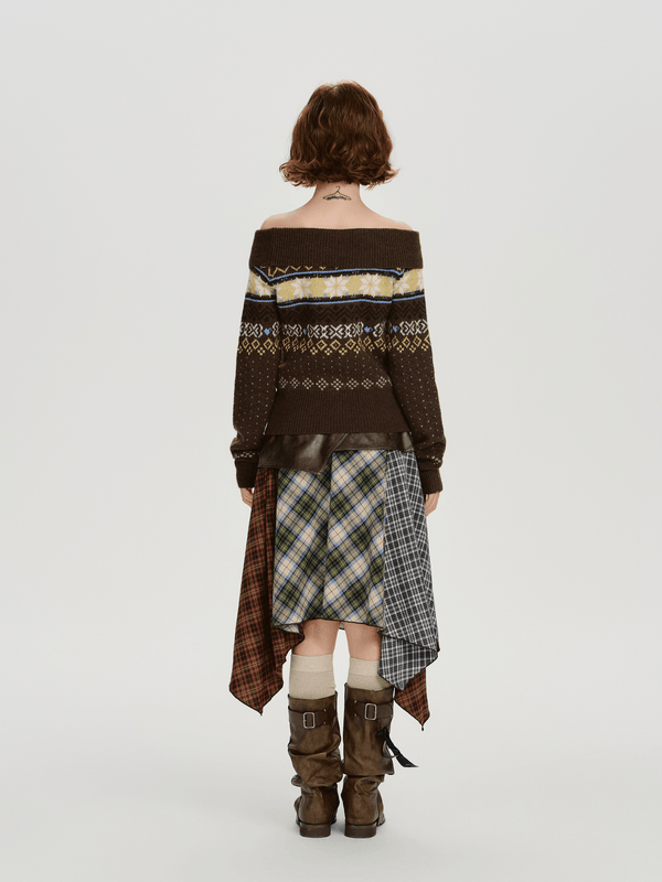 Off - Shoulder Fair Isle Knit Sweater - COPPING THREADS - CHICISLAND