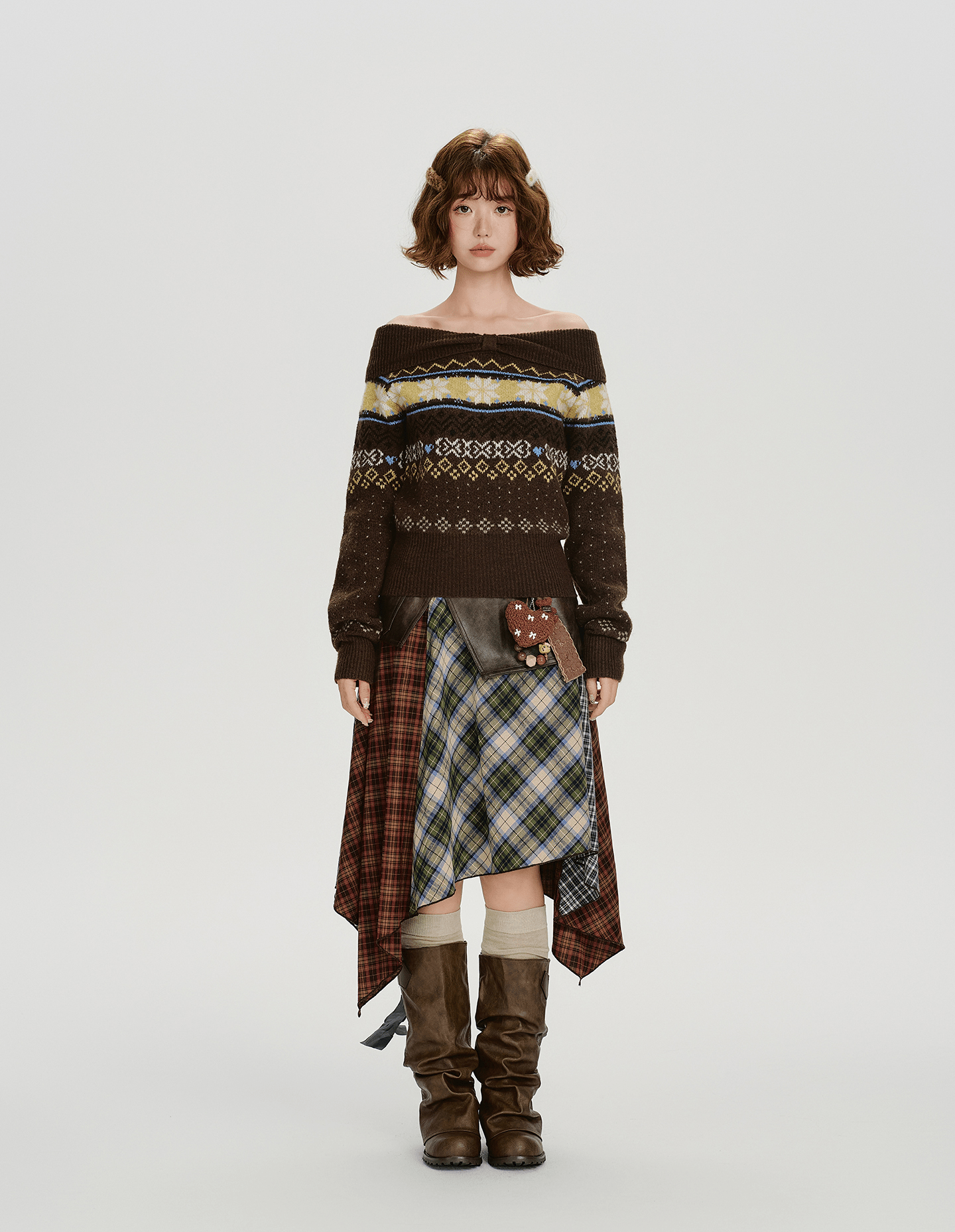 Off - Shoulder Fair Isle Knit Sweater - COPPING THREADS - CHICISLAND