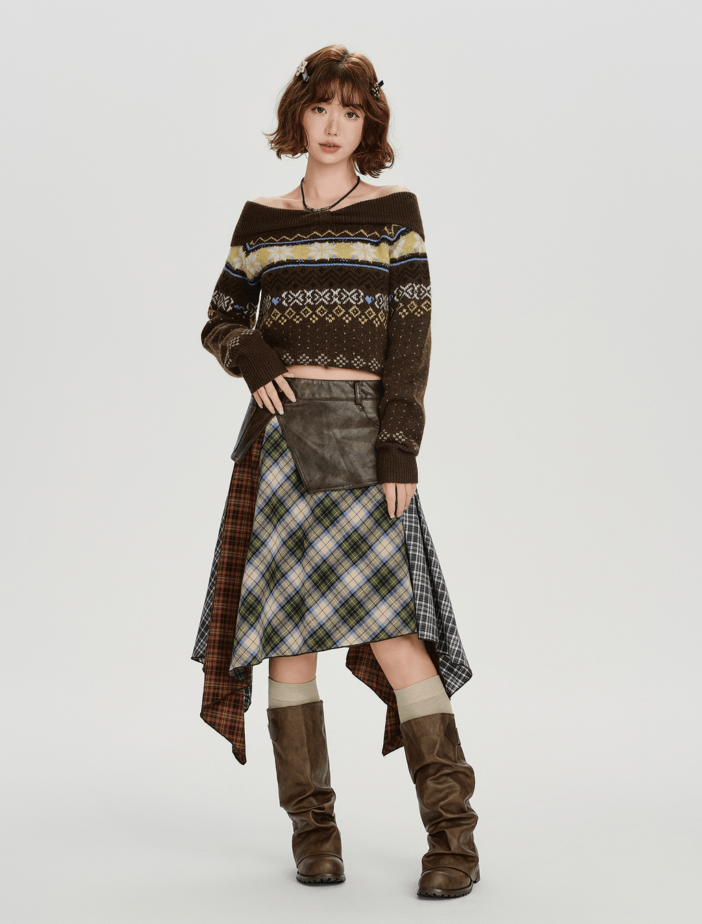 Off - Shoulder Fair Isle Knit Sweater - COPPING THREADS - CHICISLAND