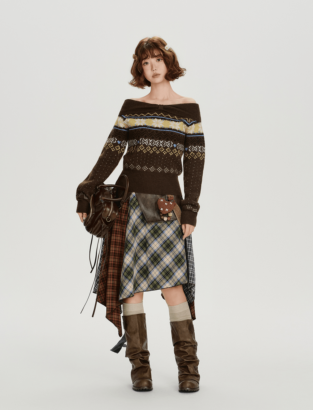 Off - Shoulder Fair Isle Knit Sweater - COPPING THREADS - CHICISLAND