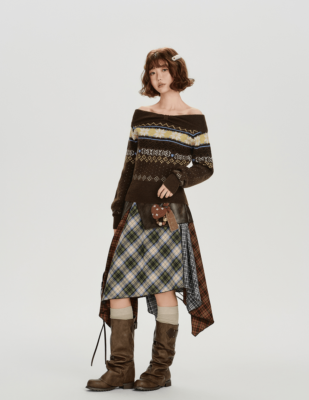 Off - Shoulder Fair Isle Knit Sweater - COPPING THREADS - CHICISLAND