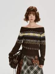 Off - Shoulder Fair Isle Knit Sweater - COPPING THREADS - CHICISLAND