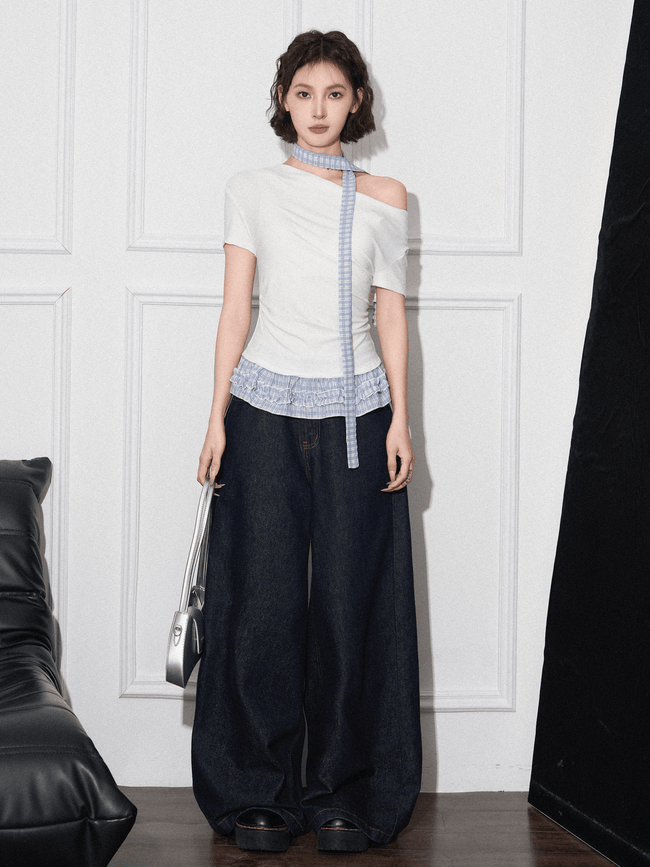 Off-Shoulder Faux Layered Ruffle Hem Tee Main Image