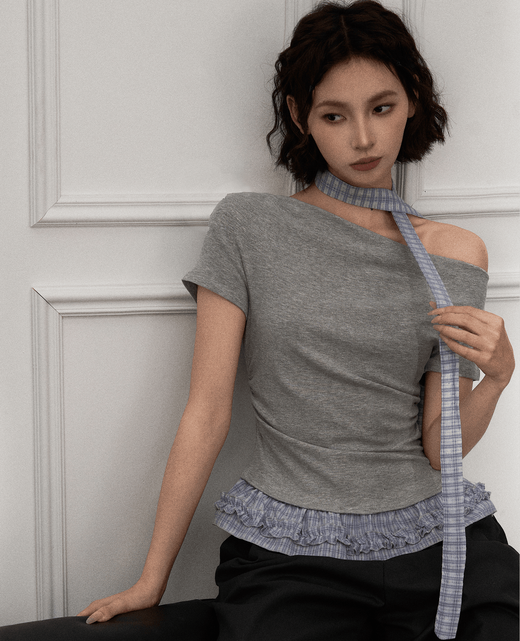 Off - Shoulder Faux Layered Ruffle Hem Tee - COPPING THREADS - CT Select