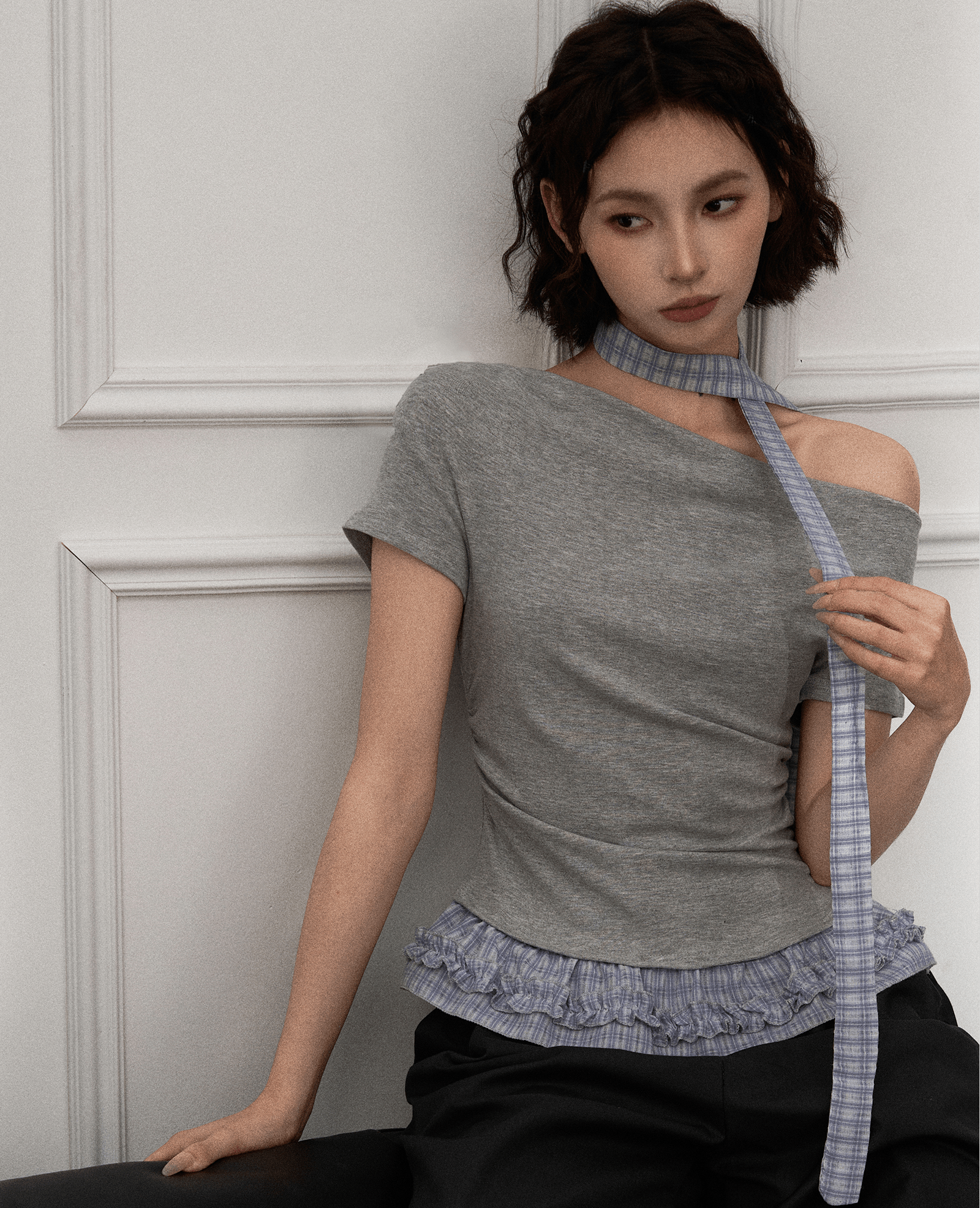 Off - Shoulder Faux Layered Ruffle Hem Tee - COPPING THREADS - CT Select