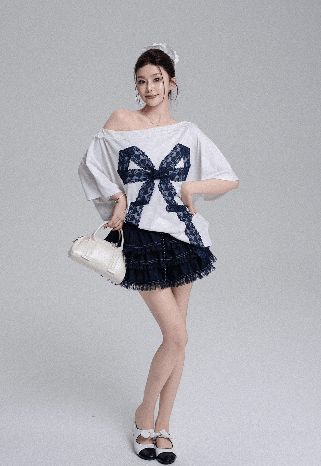 Off - Shoulder Lace Bow Tee & Tiered Ruffle Mini Skirt Set - COPPING THREADS - LulusMiracle