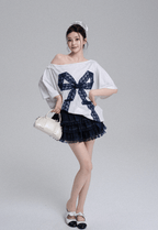 Off - Shoulder Lace Bow Tee & Tiered Ruffle Mini Skirt Set - COPPING THREADS - LulusMiracle