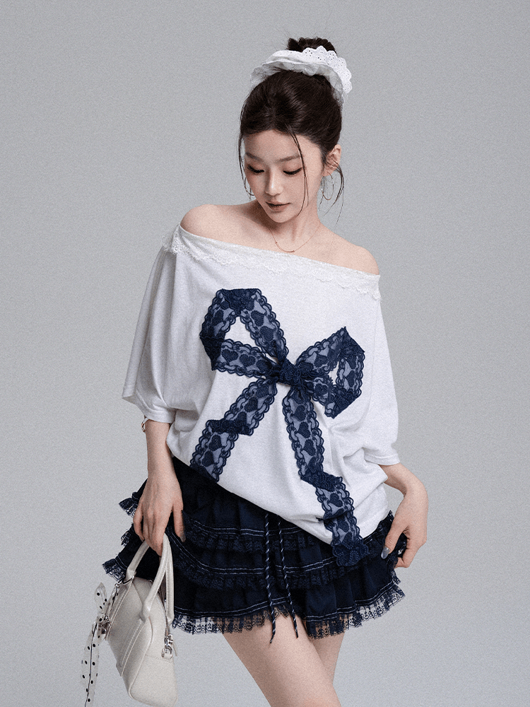 Off - Shoulder Lace Bow Tee & Tiered Ruffle Mini Skirt Set - COPPING THREADS - LulusMiracle
