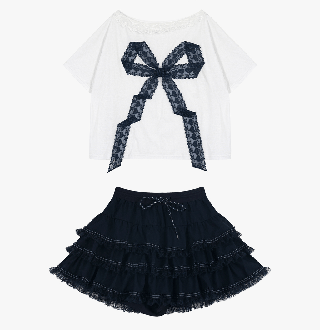 Off - Shoulder Lace Bow Tee & Tiered Ruffle Mini Skirt Set - COPPING THREADS - LulusMiracle