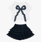Off - Shoulder Lace Bow Tee & Tiered Ruffle Mini Skirt Set - COPPING THREADS - LulusMiracle