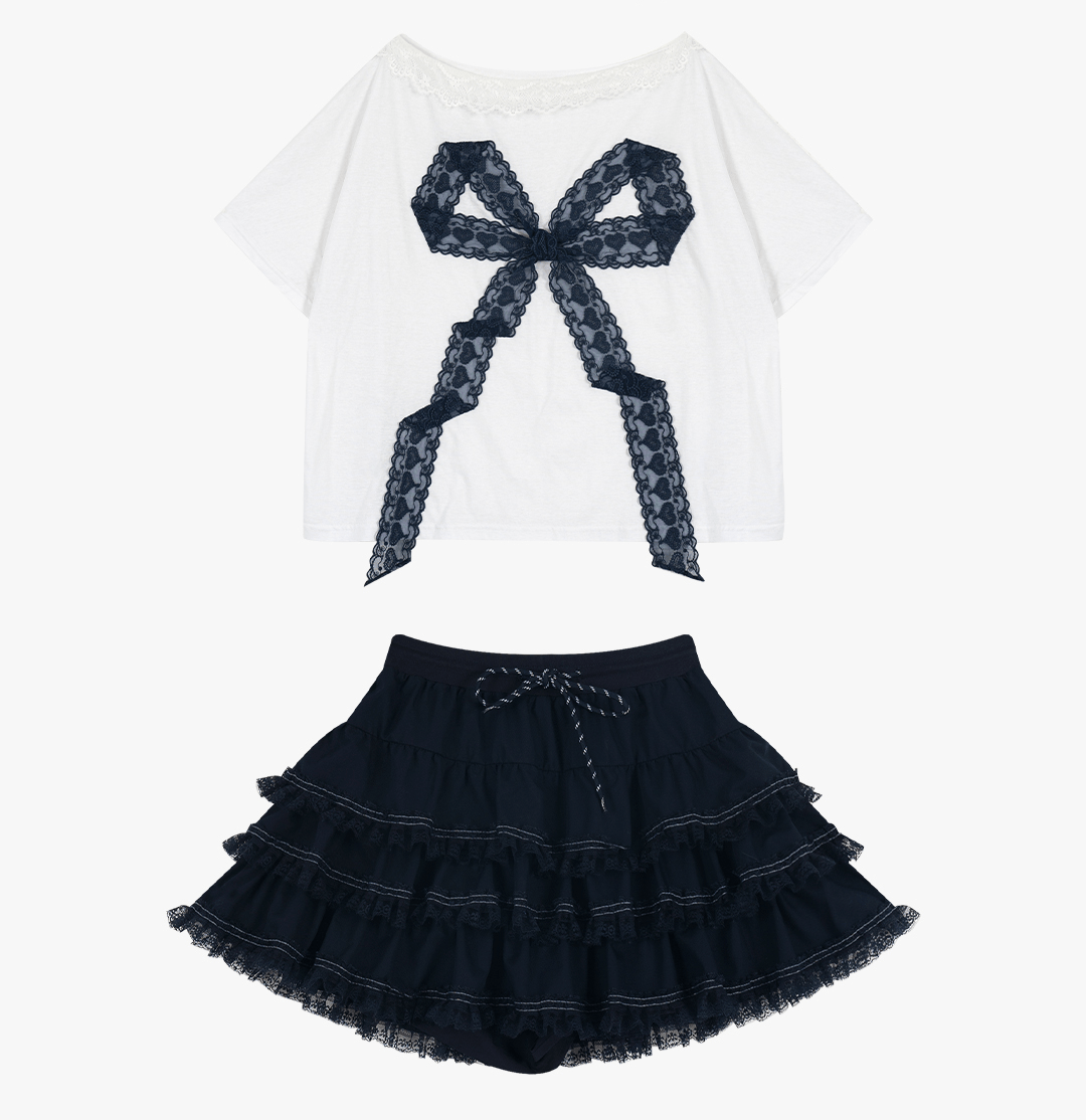Off - Shoulder Lace Bow Tee & Tiered Ruffle Mini Skirt Set - COPPING THREADS - LulusMiracle