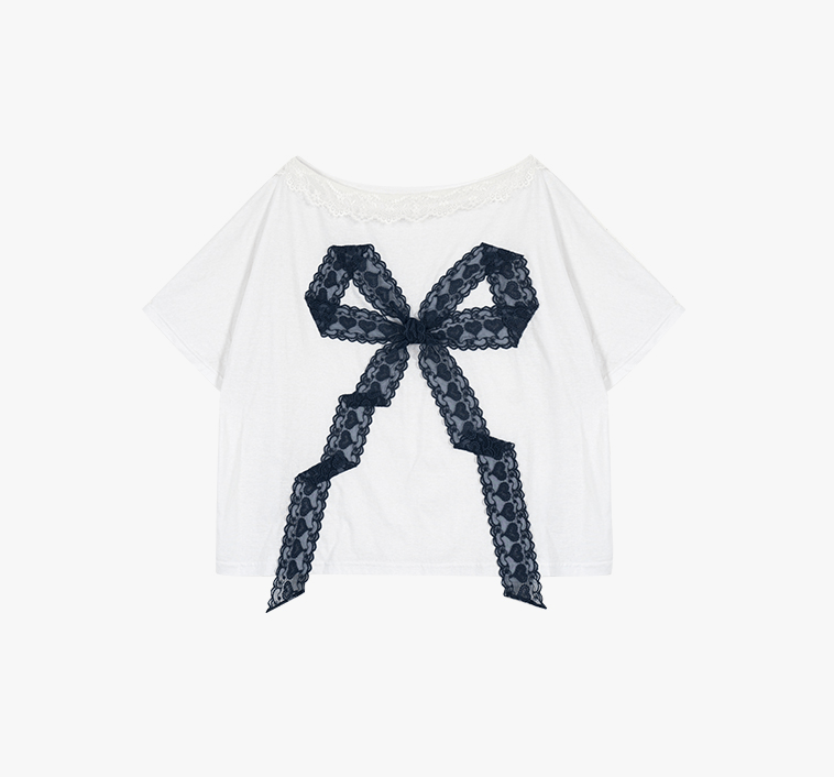 Off - Shoulder Lace Bow Tee & Tiered Ruffle Mini Skirt Set - COPPING THREADS - LulusMiracle 메인 이미지