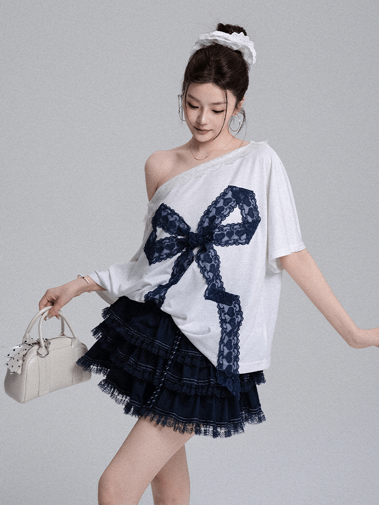 Off - Shoulder Lace Bow Tee & Tiered Ruffle Mini Skirt Set - COPPING THREADS - LulusMiracle