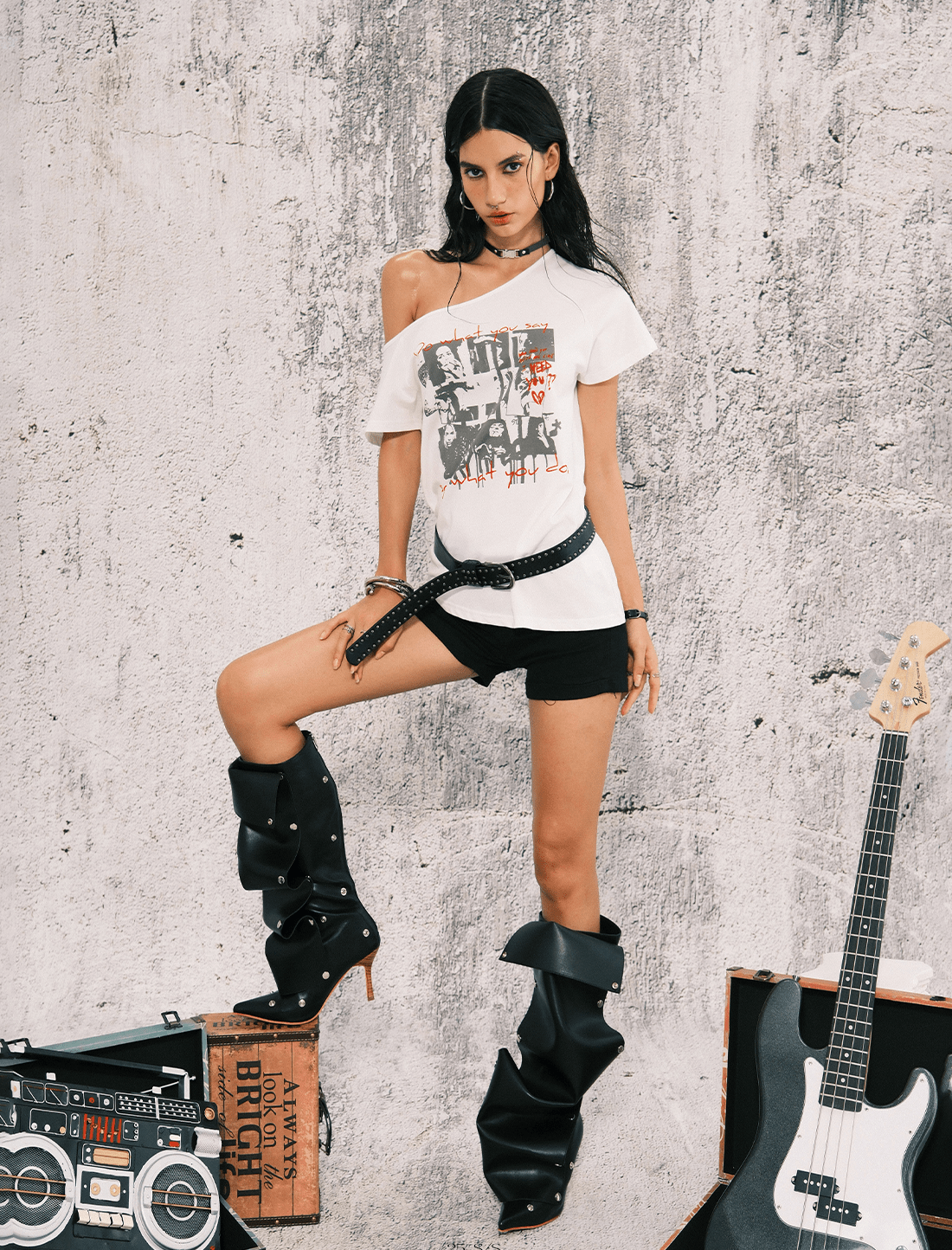 Off - Shoulder Punk Graphic Tee - COPPING THREADS - 0123Start