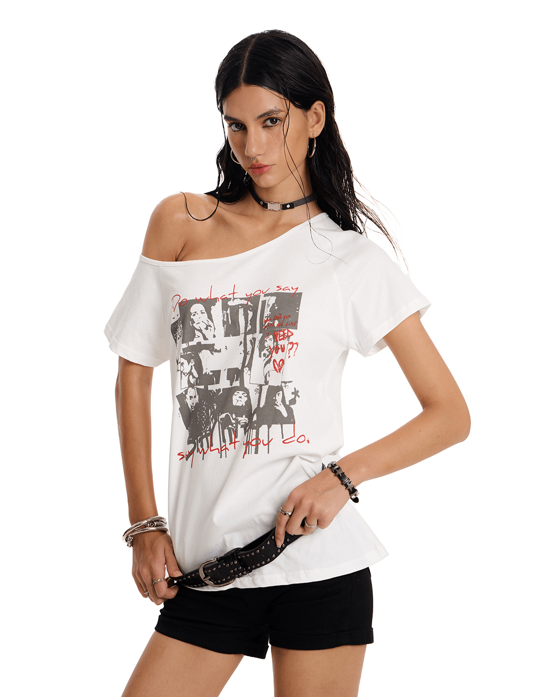 Off - Shoulder Punk Graphic Tee - COPPING THREADS - 0123Start