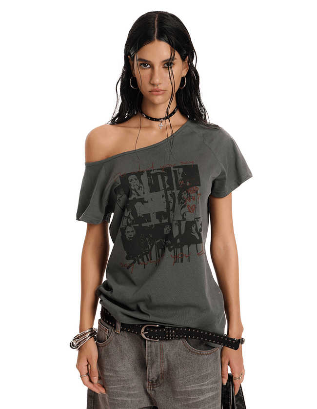 Off - Shoulder Punk Graphic Tee - COPPING THREADS - 0123Start Hover Image