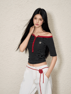 Off - Shoulder Striped Knit Tee - COPPING THREADS - AGAM