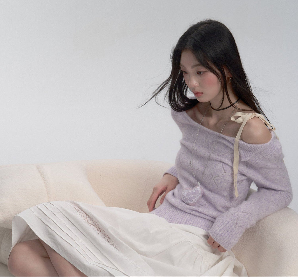 Off - Shoulder Tie - Strap Knit Sweater - COPPING THREADS - FRAGILE HEART
