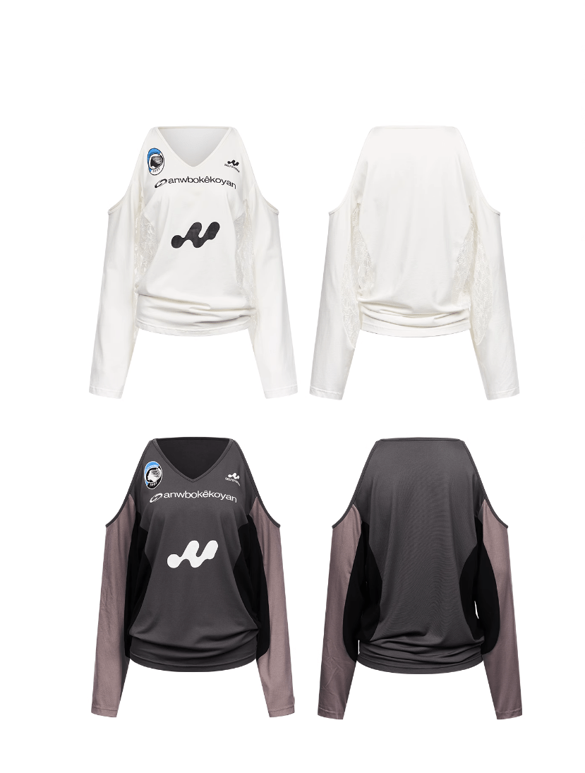 Off - Shoulder V - Neck Colorblock Lace Long Sleeve Jersey Tee - COPPING THREADS - CHICISLAND