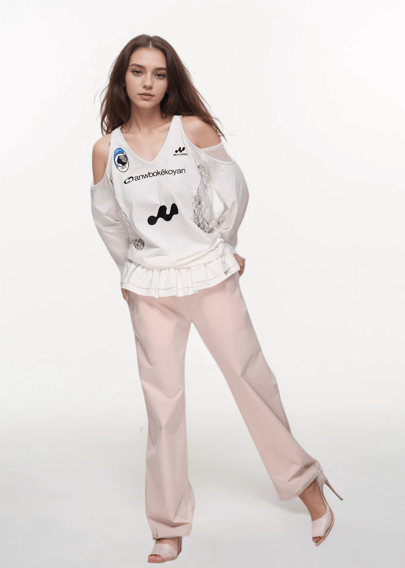 Off - Shoulder V - Neck Colorblock Lace Long Sleeve Jersey Tee - COPPING THREADS - CHICISLAND