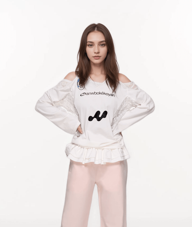 Off - Shoulder V - Neck Colorblock Lace Long Sleeve Jersey Tee - COPPING THREADS - CHICISLAND Hover Image