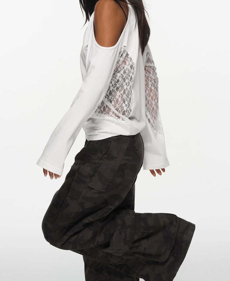 Off - Shoulder V - Neck Colorblock Lace Long Sleeve Jersey Tee - COPPING THREADS - CHICISLAND