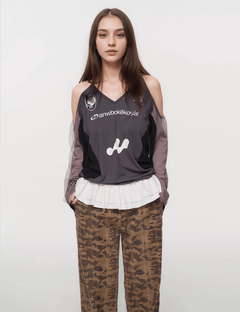 Off - Shoulder V - Neck Colorblock Lace Long Sleeve Jersey Tee - COPPING THREADS - CHICISLAND