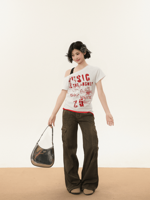 Off - Shoulder Vintage Graphic Slim Fit Tee - COPPING THREADS - CHICISLAND