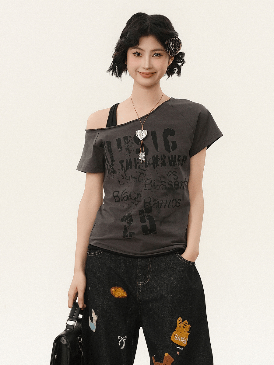 Off - Shoulder Vintage Graphic Slim Fit Tee - COPPING THREADS - CHICISLAND