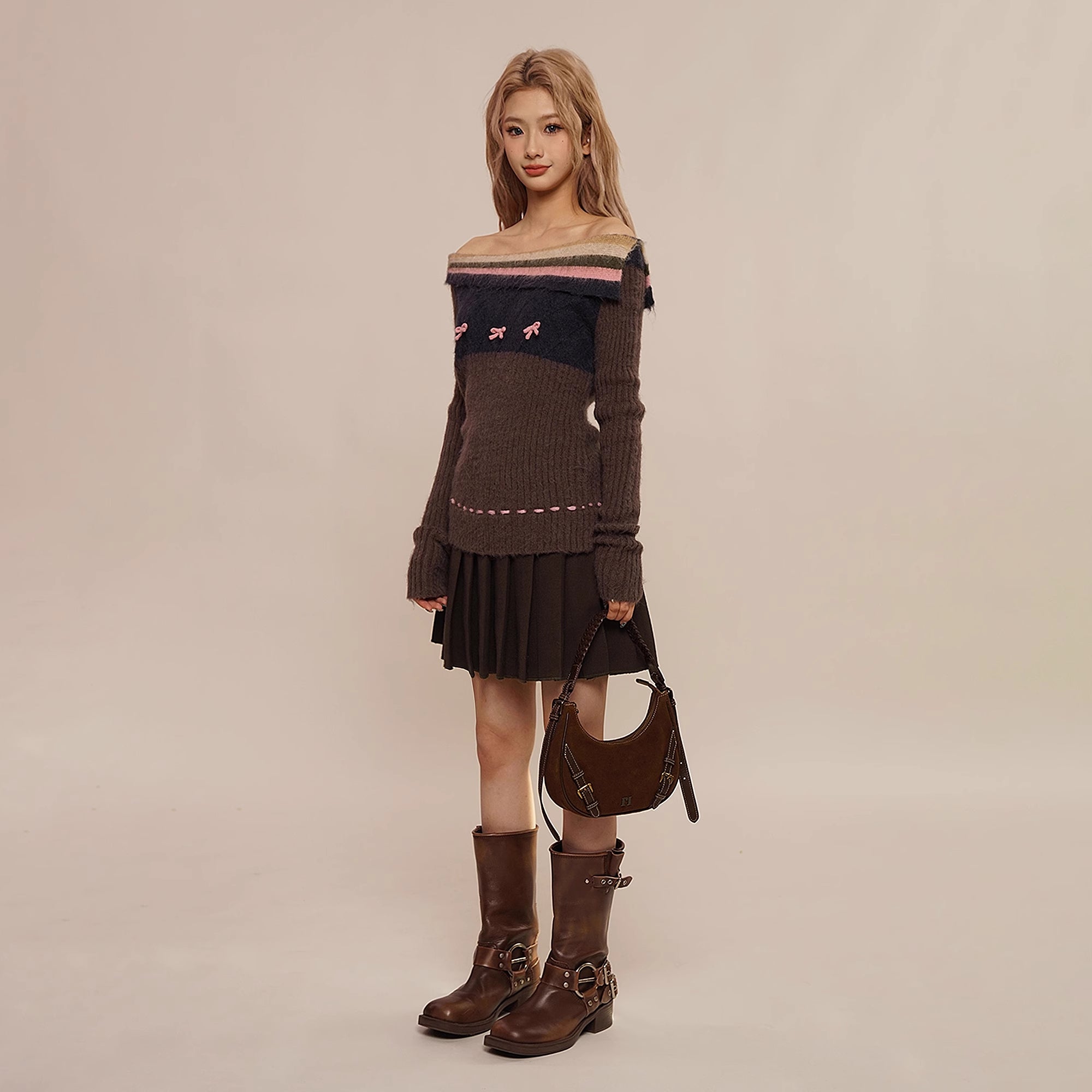 One - Shoulder Ruffle Exposed Shoulder Bow Sweater - COPPING THREADS - MOROMORO