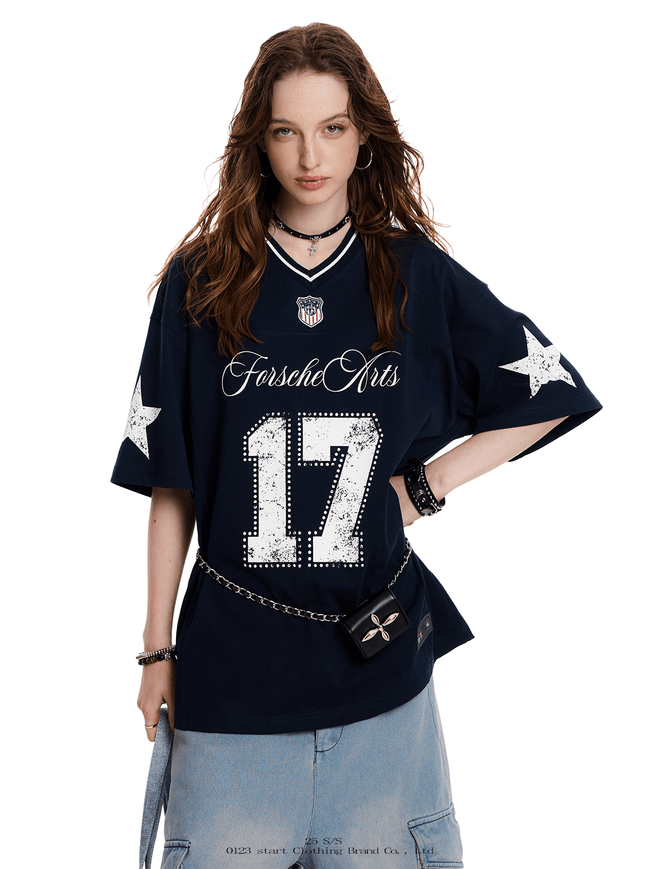 Oversized “17” print Jersey V - Neck Tee - COPPING THREADS - 0123Start Hover Image